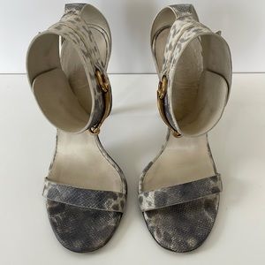 Gucci Ursula Grey Snakeskin Print Horsebit Accent Leather Sandals Size 37.5